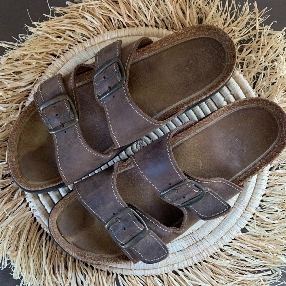 NUNN BUSH Brown Leather Buckle Slide Footbed Cork Sandals